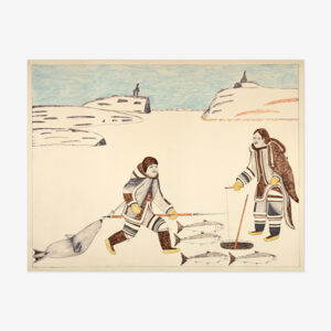 Man with Seal and Woman Jigging for Fish Original Drawing by Inuit Artist Peter Pitseolak
