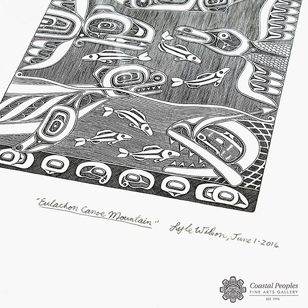 Intaglio Print on acid-free paper Eulachon Canoe Mountain by Northwest Coast Native artist Lyle Wilson