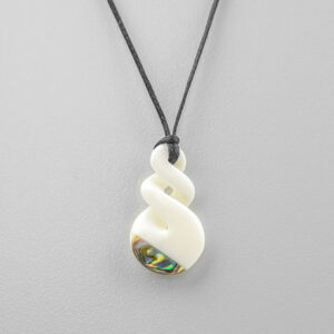 Cattle Bone and Abalone Shell Pikorua Pendant by Maori Artist