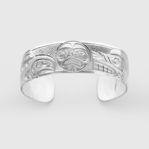Silver Salmon Moon and Wolf Bracelet by Native Artist Don Lancaster