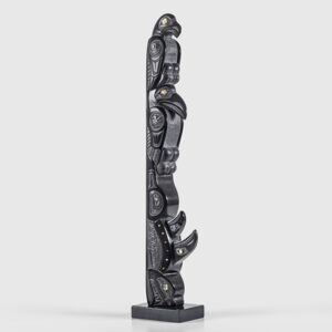 Argillite and Abalone shell Eagle, Raven, and Killerwhale Model Pole by Northwest Coast Native Artist Myles Edgars