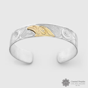 Engraved Sterling Silver 14K Gold Raven Bracelet by Northwest Coast Native Artist John Lancaster