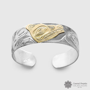 Engraved Sterling Silver 14K Yellow Gold Bracelet by Northwest Coast Native Artist Kelvin Thompson