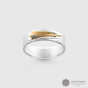 Engraved Sterling Silver 14K Yellow Gold Feather Ring by Northwest Coast Native Artist Walter Davidson