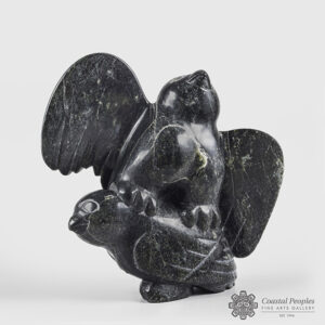 Stone Two Owls Sculpture by Inuit Artist Markoosie Papigatok