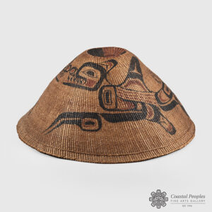 Spruce Root and Cedar Bark Rain Hat with Sea Wolf by Northwest Coast Native Artist