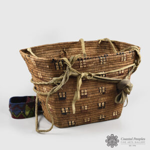 Cedar Root, Cherry Bark, Hemp, Hide, and Wool Imbricated Basket by Northwest Coast Native Artist