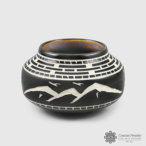 Engraved and Glazed Porcelain Mountain & Frog Bowl by Northwest Coast Native Artist Patrick Leach