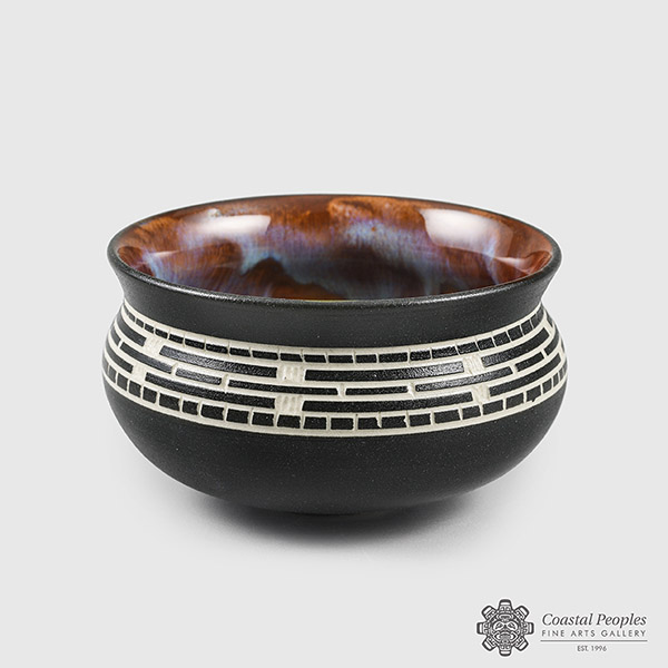 Engraved and Glazed Porcelain Basket Weave Bowl by Northwest Coast Native Artist Patrick Leach