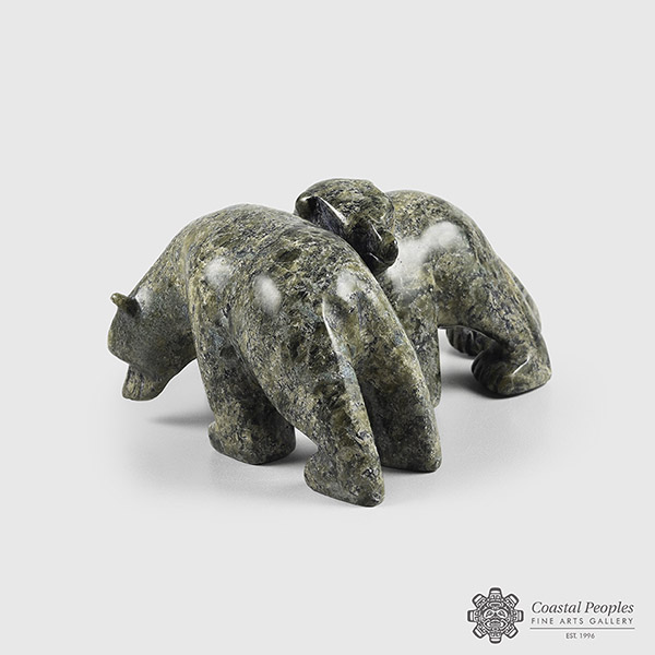 Serpentine Two Bears Sculpture by Inuit Artist Mosesee Pootoogook