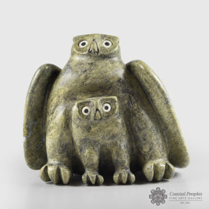 Serpentine Owl With Chick Sculpture by Inuit Artist Joanassie Manning