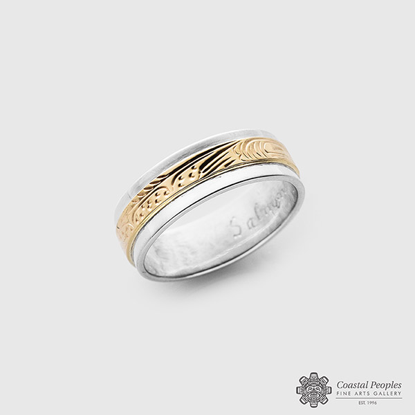14k Yellow Gold and Sterling Silver Salmon Ring by Pacific Northwest Coast Native Artist Lloyd Wadhams Jr.