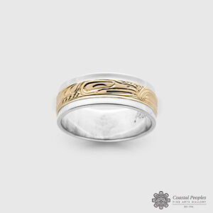 14k Yellow Gold and Sterling Silver Raven Ring by Pacific Northwest Coast Native Artist Lloyd Wadhams Jr.