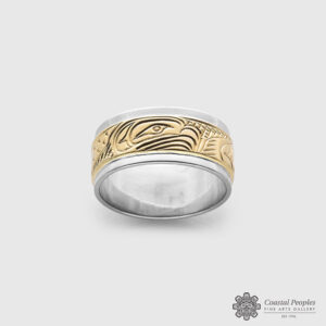 14k Yellow Gold and Sterling Silver Eagle Ring by Pacific Northwest Coast Native Artist Lloyd Wadhams Jr.