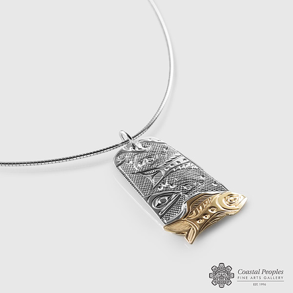 14k White Gold and 14k Yellow Gold Salmon Run Pendant by Pacific Northwest Coast artist Corrine Hunt