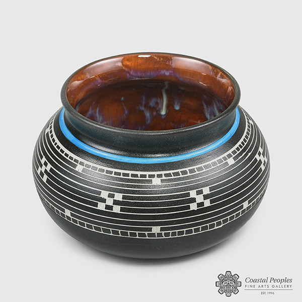 Engraved and Glazed Basket Weave Bowl by Northwest Coast Native Artist Patrick Leach