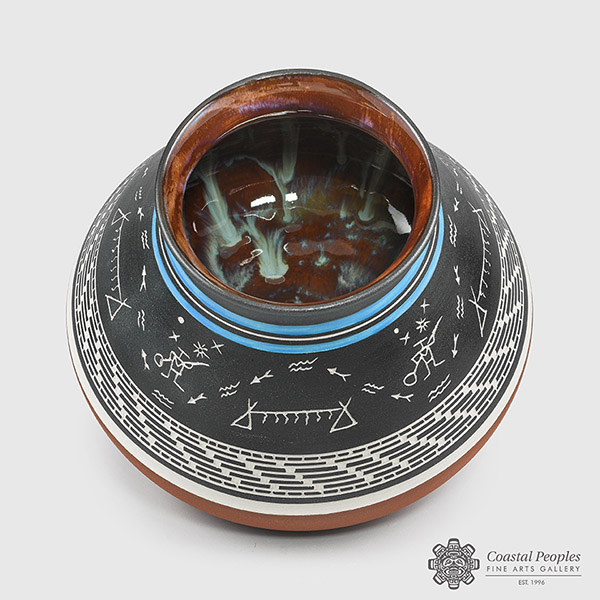 Engraved and Glazed Porcelain Fisherman, River & Salmon Vase by Northwest Coast Native Artist Patrick Leach