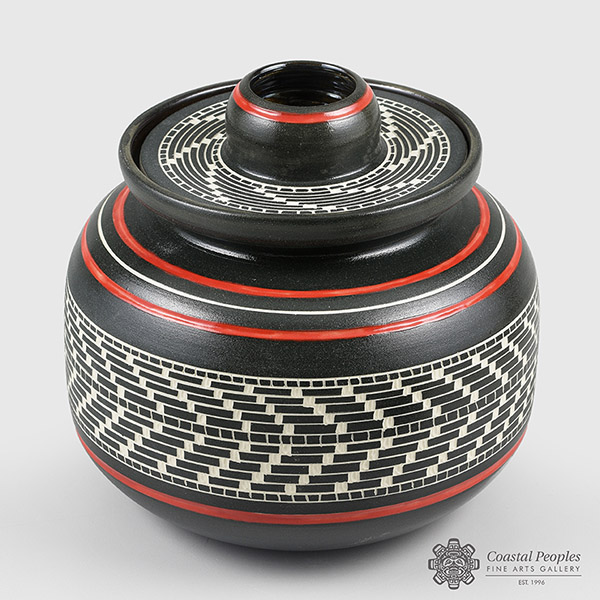Engraved and Glazed Porcelain Basket Weave Vase with Lid by Northwest Coast Native Artist Patrick Leach