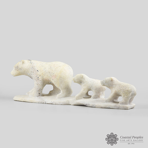 Marble Bear With Two Cubs Sculpture by Inuit Artist Ottokie Aningmiuq
