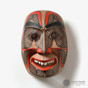 Red Cedar wood, Acrylic Paint, Operculum shell Redemption Mask by Northwest Coast artist Corey Moraes