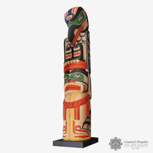 Cedar Wood & Acrylic Paint Raven with Chief & Wolf Totem Pole by Native Artist Calvin Hunt