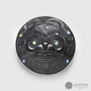 Argillite, Abalone shell and Sterling silver Bezel Setting Raven Bringing The Heat Pendant by Northwest Coast Indigenous Artist Andrew Williams