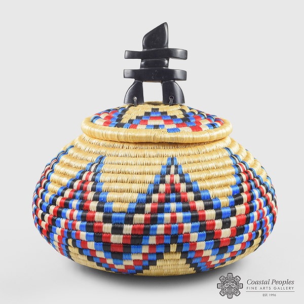 Grass and Thread Basket with Stone Inukshuk Sculpture by Inuit Native Artist Sarah Mickiyuk