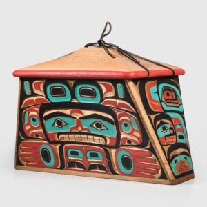 Red Cedar wood, Leather cord, Acrylic paint Resilience Canoe Bentwood Box by Pacific Northwest Coast Native Artist Bruce Alfred